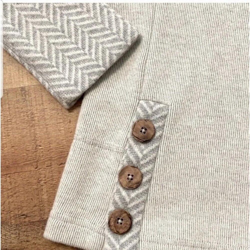 PrAna Lucia Sweater Womens XS Gray Wool Knit Pullover Buttons Cinch Funnel Neck